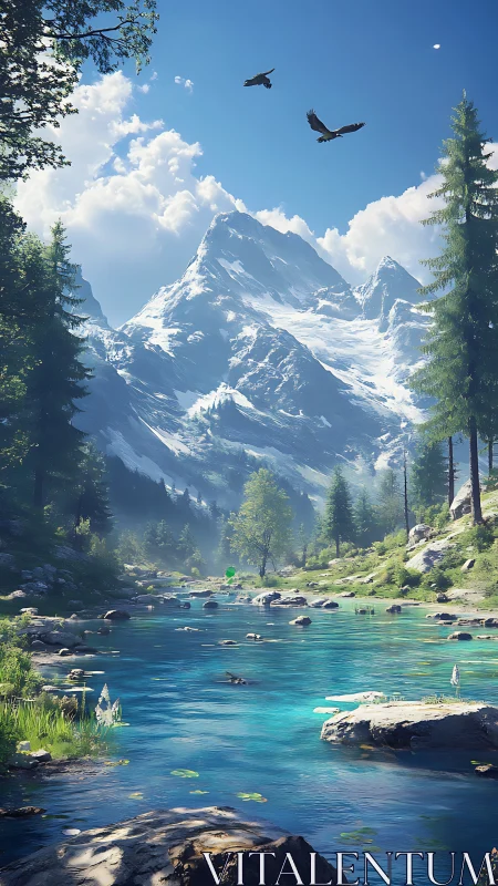 Snowy mountain peak above clear turquoise forest river.