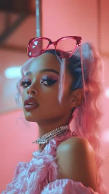 Neon-lit pastel portrait with pink eyewear and crystal choker.