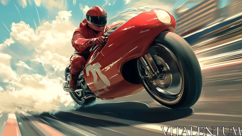 Red racing motorcycle surges forward in dynamic motion.