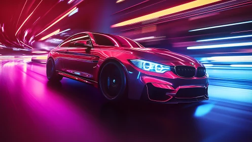 Sleek sports coupe races through neon soaked futuristic tunnel