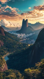 Sunlit tropical peaks embracing a peaceful valley cityscape.