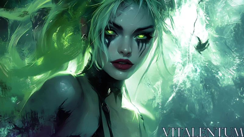 Green-eyed female figure in luminous abstract environment.