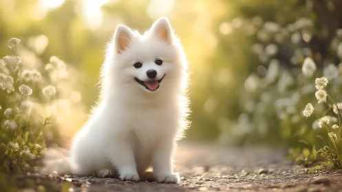 Sunlit fluffy puppy paused on a dreamy garden path.