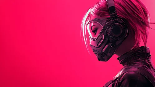 Neon cyber heroine in quiet profile against glowing pink sky.