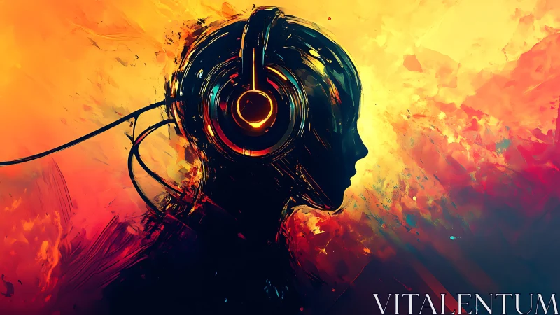 Silhouetted cybernetic listener against high-energy chromatic field