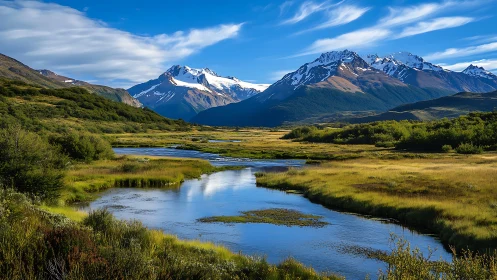 Snowy mountain valley welcomes a calm, winding blue river