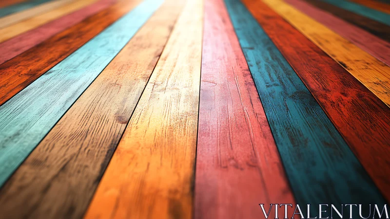 Colorful wooden planks form bold diagonal floor pattern.