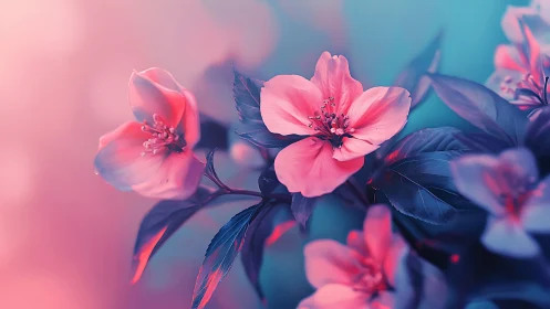 Pink Flowers Bloom in Ethereal Blue and Magenta Light