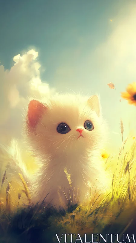 Ethereal White Kitten in Golden Meadow with Luminous Sky