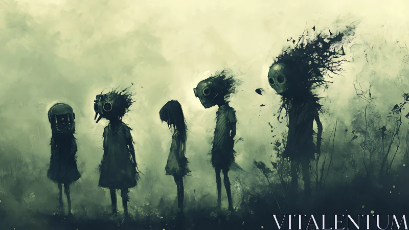 Post-apocalyptic child silhouettes with fragmented gas masks