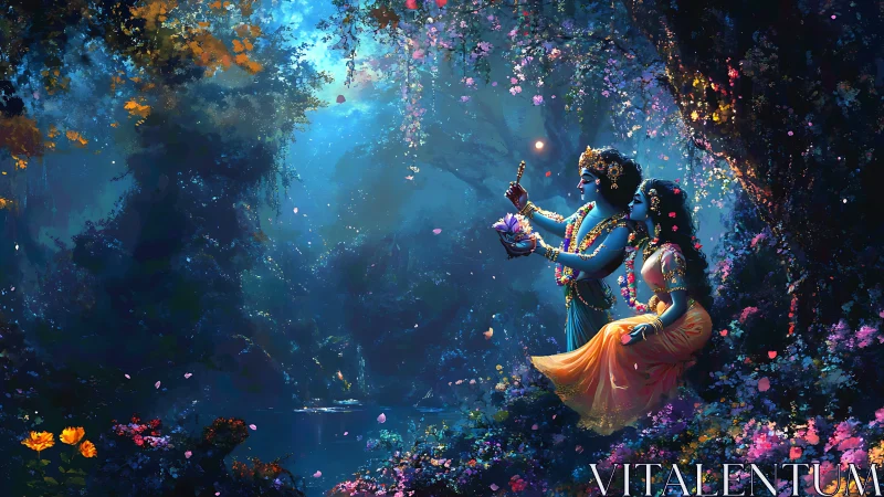 Divine couple share a luminous moment in an enchanted forest.