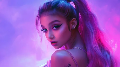 Neon-lit glam portrait of woman with long pink ponytail.