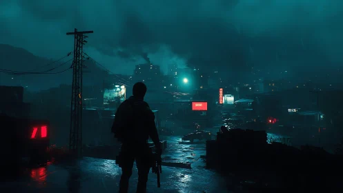 Lone gunman stalks neon-soaked rainy city under teal gloom.