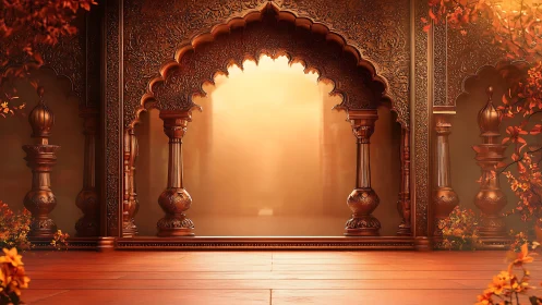 Ornate sunset archway in warm golden palace interior.