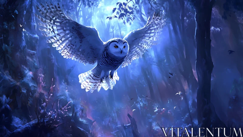 Majestic owl in flight through moonlit magical forest, digital art.