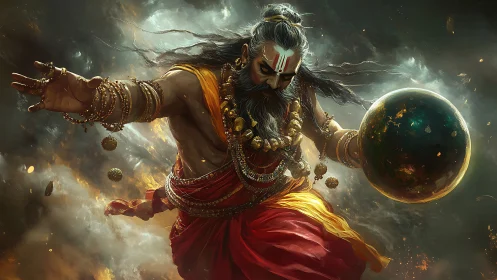 Mythic sage with cosmic orb amid swirling stormscape.