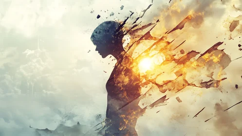 Silhouetted human form dissolving into fiery sky fragments.