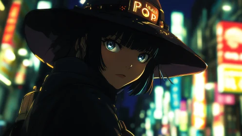 Neon-lit anime girl in wide-brim hat rendered with cinematic bokeh