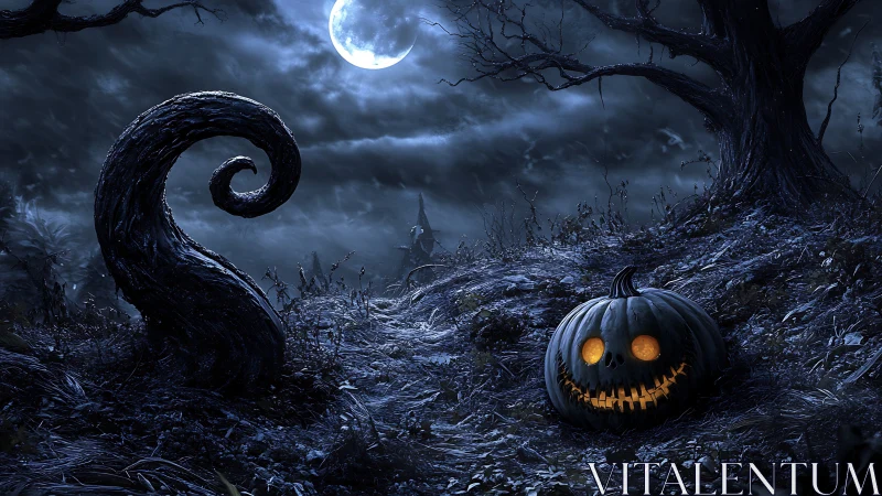 Playful jack o’ lantern glowing under a haunting moonlit sky.