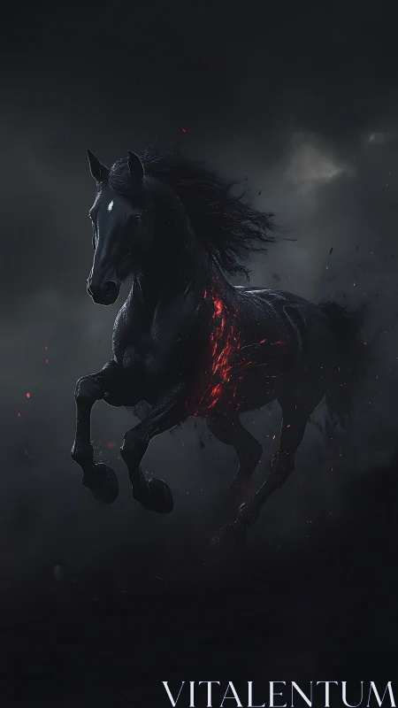 Dark spectral horse erupts with molten embers mid-stride