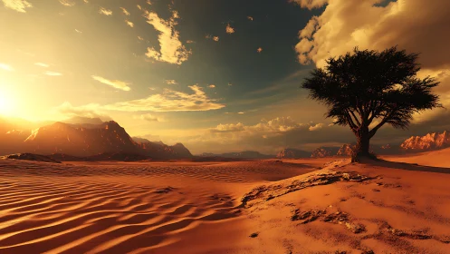 Solar-sculpted desert dunes with lone acacia under stratified sky.