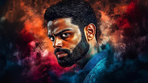 Storm-soaked gaze carves through a nebula of molten color