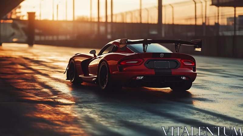 Red track-focused sports car on wet circuit at sunset.