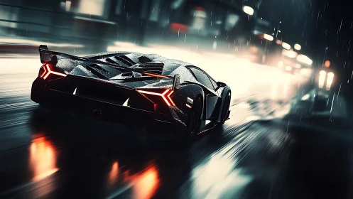 Aerodynamic hypercar in wet urban night motion study.