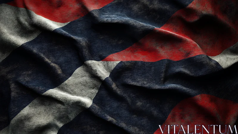 Weathered tricolor fabric folds create dramatic surface depth.