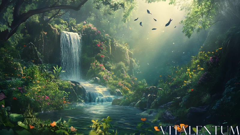 Waterfall whispers as enchanted forest blooms in green light