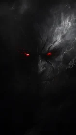 Mysterious shadowed face with glowing ember red eyes.