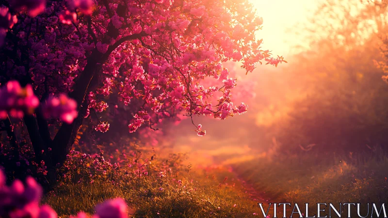 Sunlit blossom path glowing with soft pink spring warmth.