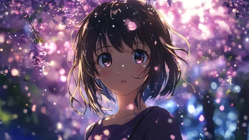 Anime girl stands under luminous blossom canopy at dusk