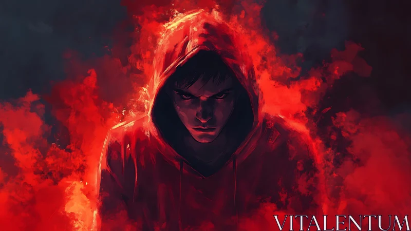Hooded figure in red combustion field, high-contrast digital portrait.
