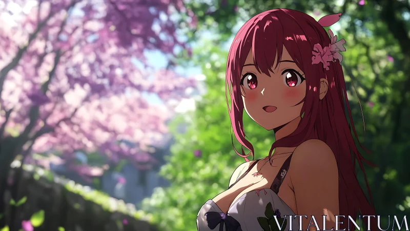 Anime portrait captures backlit girl amid shallow-depth cherry blooms