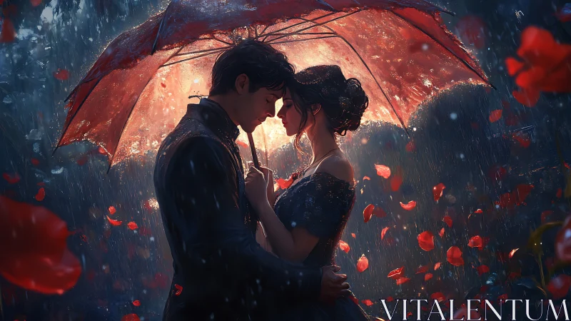 Romantic Couple Beneath Luminous Red Umbrella in Rain.