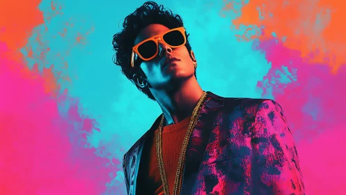 Stylized portrait of man in neon jacket and sunglasses.