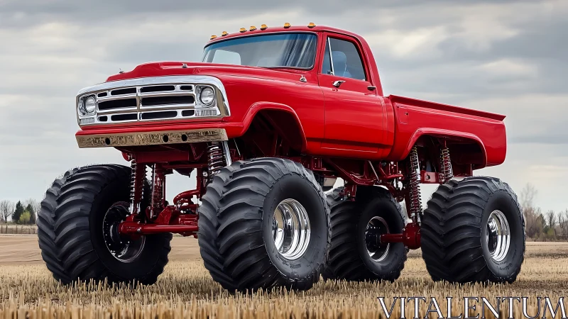 Towering red monster truck dominates a cloudy open field