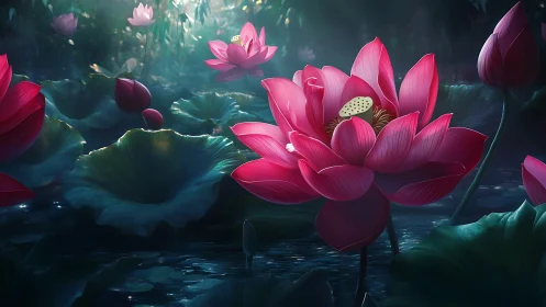 Luminous Pink Lotus Flowers in Ethereal Aquatic Garden