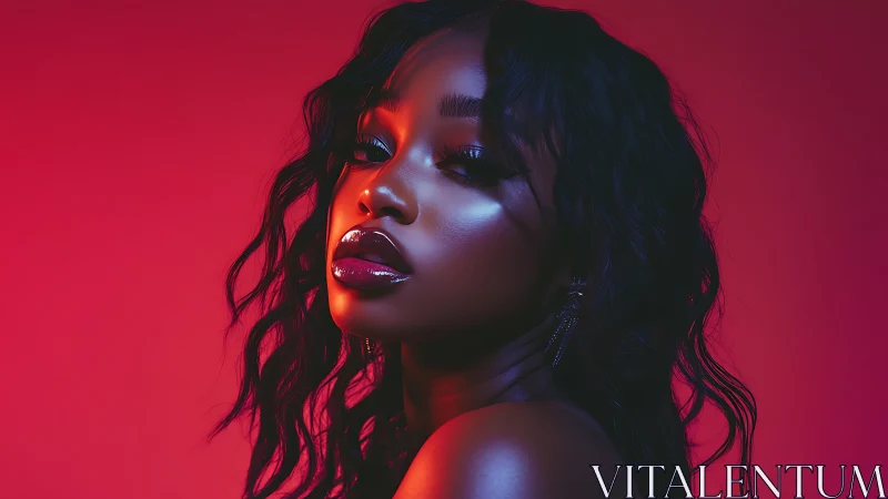 Velvet neon cascades across her glossy, midnight-lit gaze