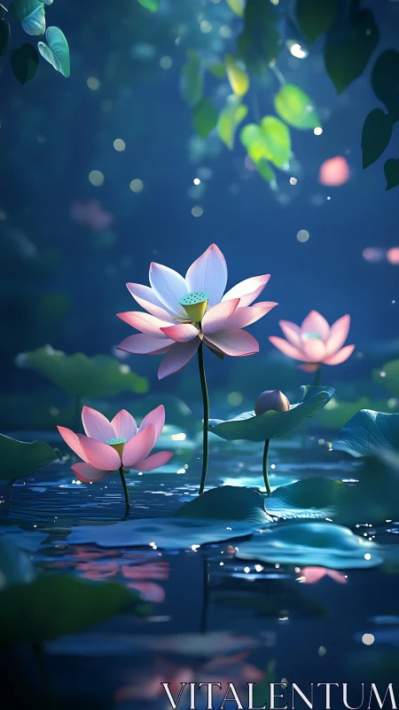 Gentle lotus blossoms glow softly above a moonlit pond