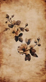 Vintage sepia floral illustration on distressed parchment.