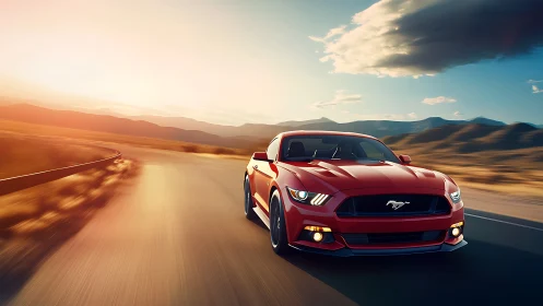 Red sports coupe on open desert highway at sunset.