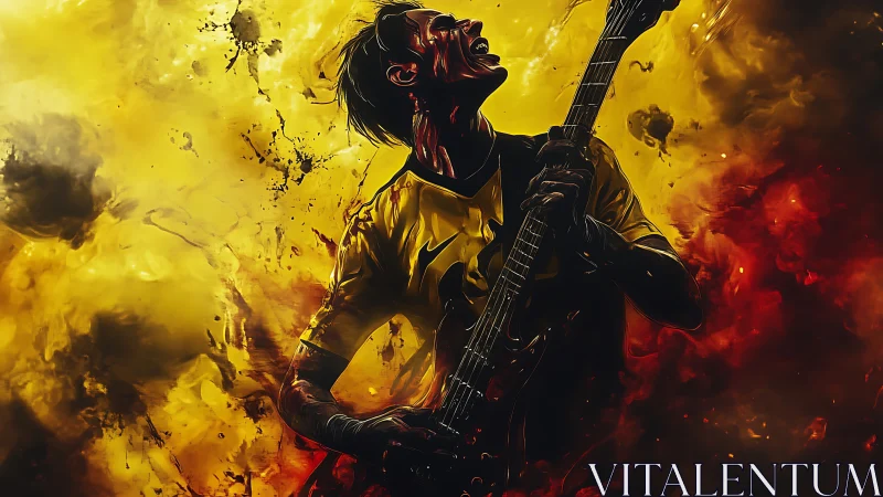 Guitarist immersed in inferno-toned abstract energy storm.