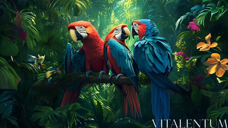 Scarlet and blue macaws perched in dense tropical rainforest