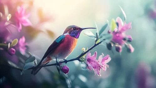 Hummingbird pauses mid-ballet among dreamy pink blossoms