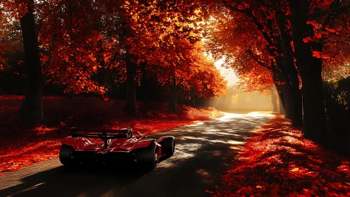 Red race car glides through glowing autumn forest road.