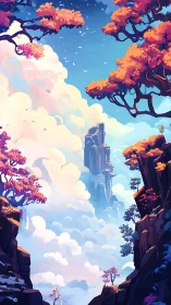 Vertical fantasy canyon with clouds and autumn trees.