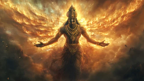 Mythic fire deity emerges from storm clouds in radiant symmetry