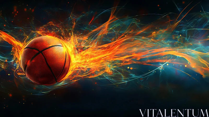 Fiery basketball streak cuts through dark electric void.
